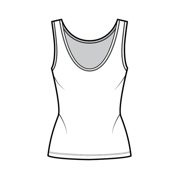 Ilustração de moda técnica de tanque de algodão-jersey com corpo ajustado, pescoço profundo colher, bainha alongada. Roupas planas —  Vetores de Stock