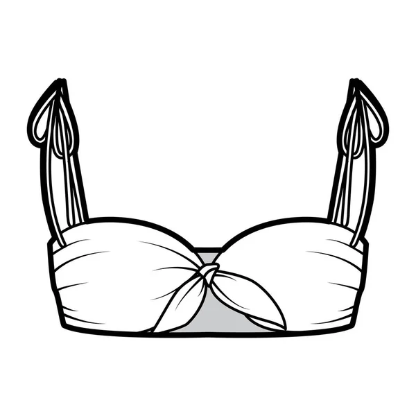 Bra top ilustração de moda técnica com comprimento cortado, laços nos ombros e frente. Roupa de banho plana roupa de lingerie —  Vetores de Stock