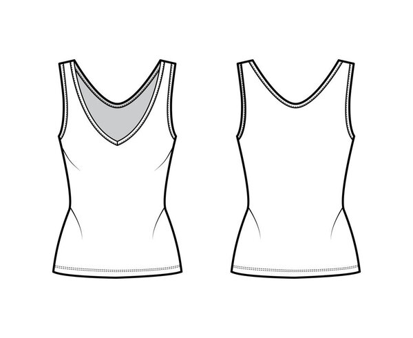 Cotton-jersey tank technical fashion illustration with fitted body, deep V-neckline, elongated hem. Flat outwear apparel