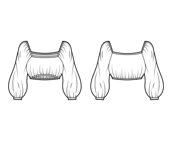Chemisier recadré illustration de mode technique avec ourlet et épaules élastiques, manches longues oversize, lâche. — Image vectorielle