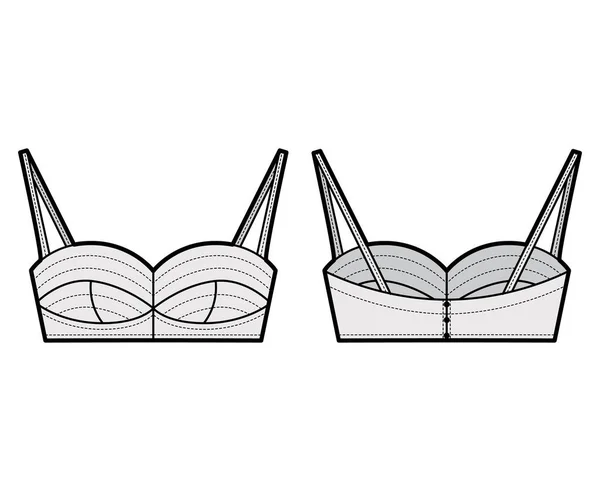 Bustier top illustration de mode technique avec longueur recadrée, tasses et un devant découpé, sangles. Maillot de bain soutien-gorge plat — Image vectorielle