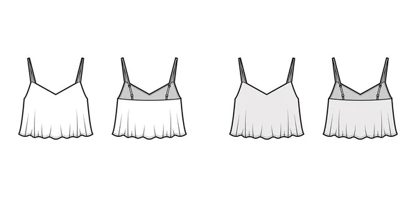 Beskuren camisole topp teknisk mode illustration med sötnos hals, utsvängning nedtill, lös silhuett, justerbara remmar — Stock vektor