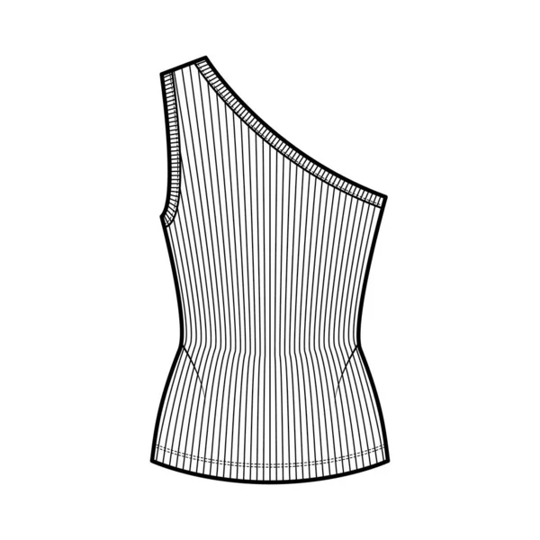 Jednoramenní žebrovaný strečový dres tankové technické módní ilustrace s tenkým střihem, délka tuniky. Ploché prádlo cami — Stockový vektor