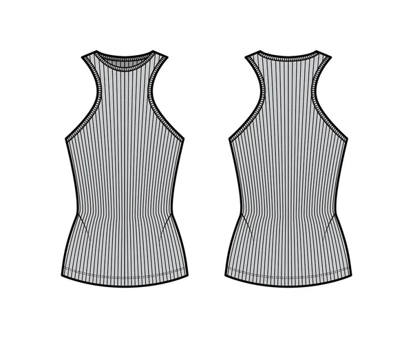 Ribbad bomull-jersey tank teknisk mode illustration med racer-back remmar, smal passform, besättning halsringning outwear top — Stock vektor