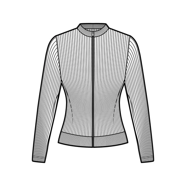 Rits-up geribbelde katoen-jersey sweatshirt technische mode illustratie met lange mouwen, gemonteerd lichaam, bemanning nek trui — Stockvector
