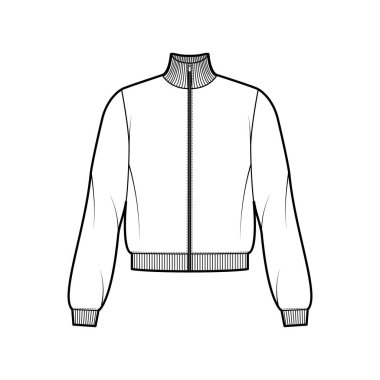 Uzun kollu fermuarlı eşofman üstü, pamuk-formalı, günlük formalı, kurdeleli düz kazaklı teknik moda çizimi.