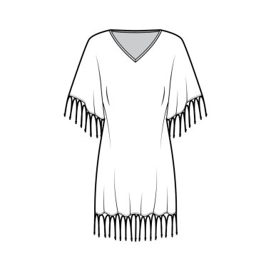 Pürüzlü kaftan elbise, V yakalı, dirsek kollu, dizlerinin üstünde teknik tasvirler.