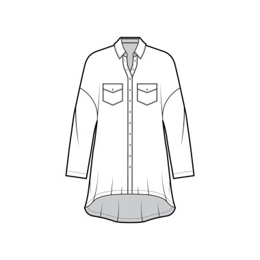 Büyük beden gömlek, geniş açılı cepleri, uzun kollu, normal yakalı, yüksek-alçak kenarlı teknik tasvirler..