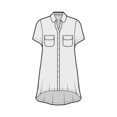 Büyük beden gömlek, teknik taslak, yuvarlak cepleri ve yakası, kısa kollu, yüksek-alçak kenarlı.