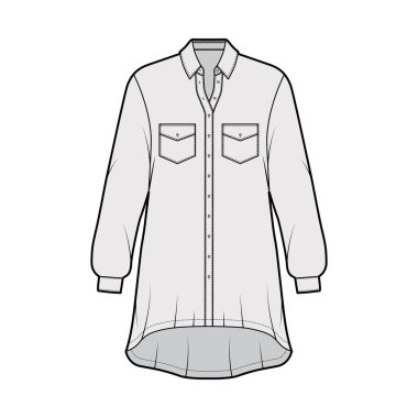 Büyük beden gömlek, geniş açılı cepleri, uzun kollu, normal yakalı, yüksek-alçak kenarlı teknik tasvirler..