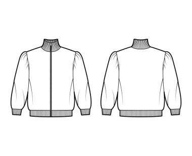 Fermuarlı balıkçı yaka, pamuk-terry kazak kabarık omuzlu, dirsek kollu teknik moda illüstrasyon.