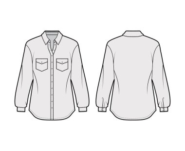 Klasik gömlek teknik tasviri. Açılı cepleri, uzun kollu, rahat formda, ön düğme takan.