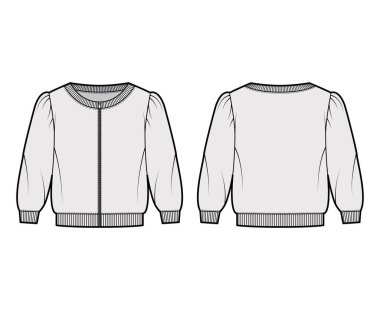 Fermuarla kesilmiş pamuk-Terry sweatshirt kepçe yakalı, kabarık omuzlu, dirsek kollu teknik tasvirler.