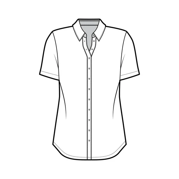 Ilustración de moda técnica de camisa clásica con mangas cortas, ajuste relajado, cierre de botón delantero, cuello regular. Plano — Vector de stock