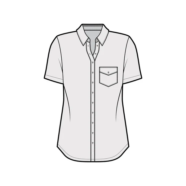 Klassisches Hemd technische Mode Illustration mit abgewinkelter Tasche, kurze Ärmel, entspannte Passform, vorne Knopfverschluss flach — Stockvektor