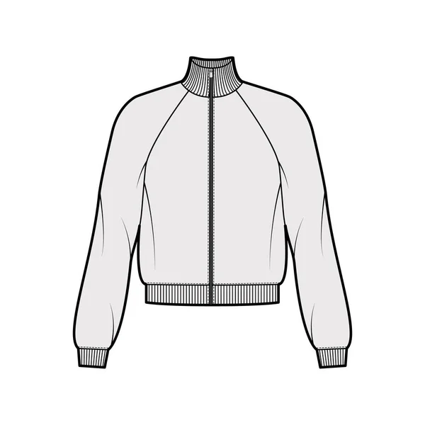 Lange mouwen ritssluiting sweater technische mode illustratie met katoen-jersey, casual-fit, raglan, geribbelde bekleding. — Stockvector
