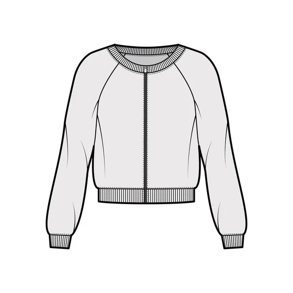 Zip-up bomull-frotté tröja teknisk mode illustration med scoop halsringning, långa raglan ärmar, ribbade band — Stock vektor