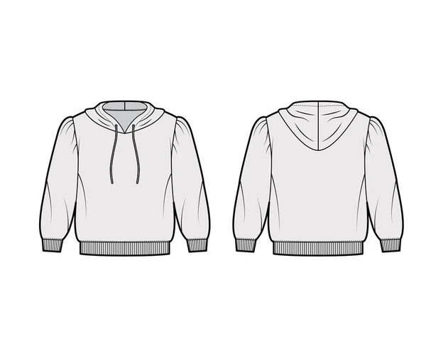 Cropped Baumwolle-Jersey Kapuzenpullover technische Mode Illustration mit lockerer Passform, gepuffte Schultern, Ellenbogenärmel Rippstrickbündchen — Stockvektor