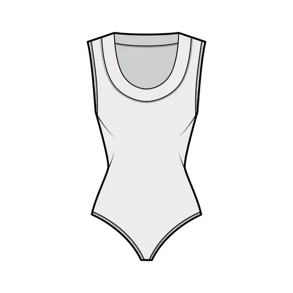 Bodysuit ilustración técnica de moda con escote con pala, sin mangas, calzoncillos de cobertura media outwear de una sola pieza — Vector de stock