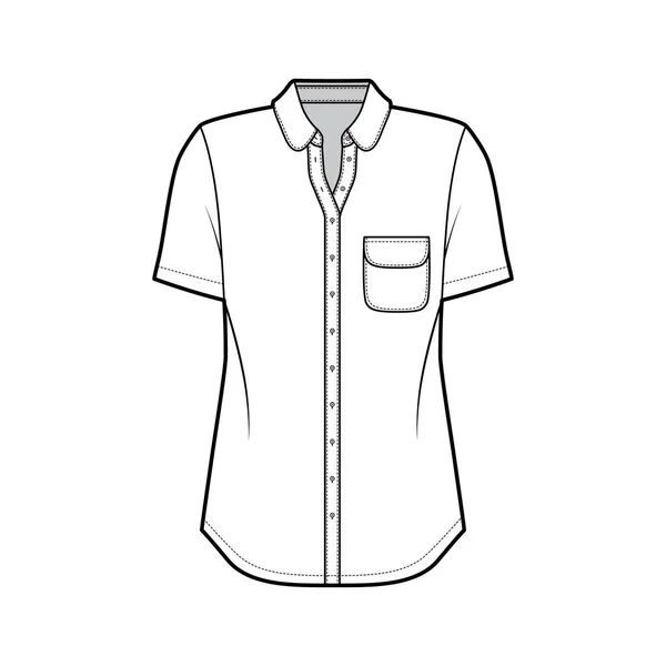 Ilustración de moda técnica de camisa clásica con bolsillo y cuello redondeados, mangas cortas, cierre de botón delantero — Vector de stock