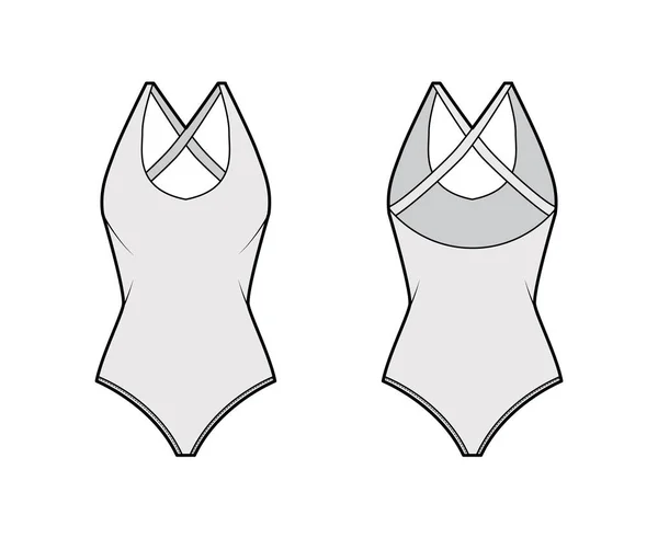 Stretch bodysuit technische mode illustratie met diepe U-hals, slanke crisscross riemen op geschept rug een stuk — Stockvector