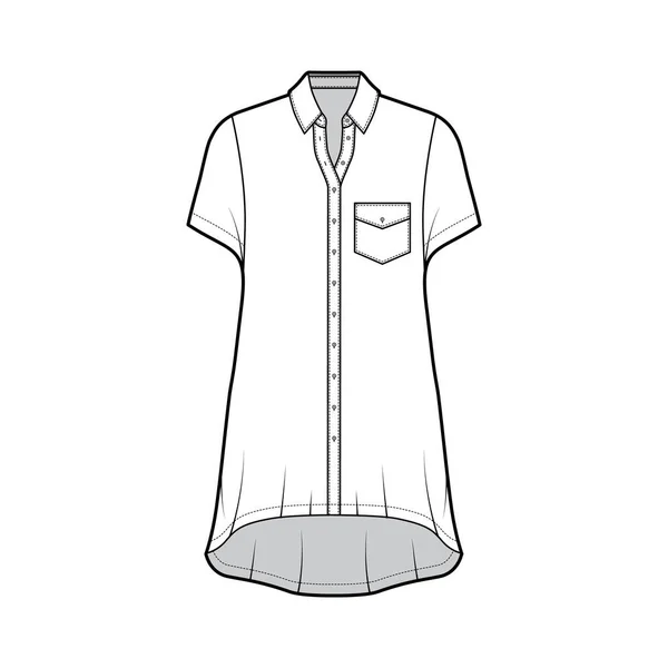 Vestido de camisa sobredimensionado ilustración técnica de moda con bolsillo en ángulo, mangas cortas, cuello regular, dobladillo alto-bajo. — Vector de stock