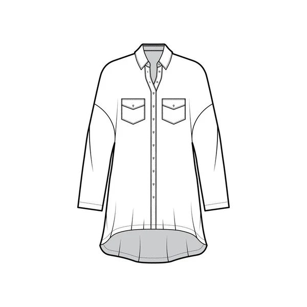 Oversized shirt dress technical fashion illustration with angled pockets, long sleeves, regular collar, high-low hem. — Stock Vector