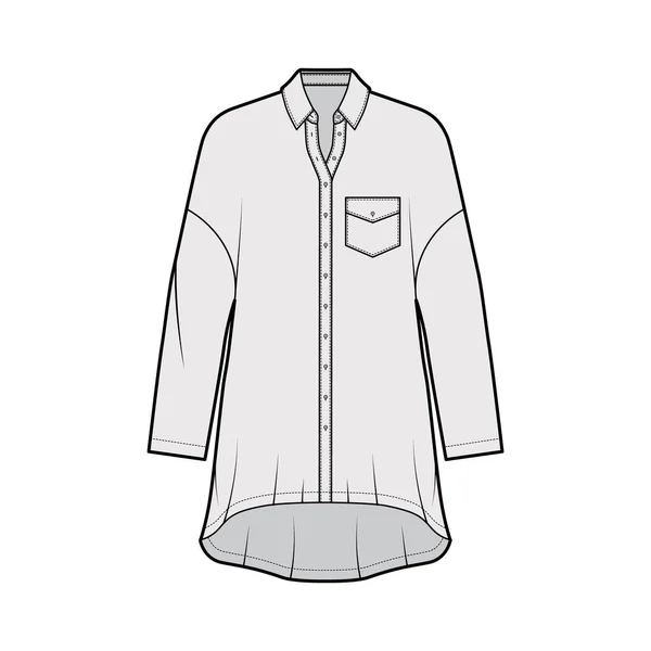 Vestido de camisa sobredimensionado ilustración técnica de moda con bolsillo en ángulo, mangas largas, cuello regular, dobladillo alto-bajo. — Vector de stock