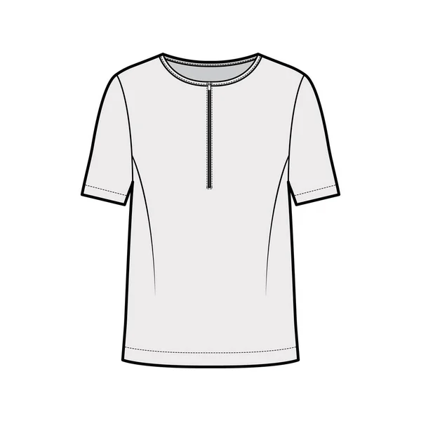 Mens estilo algodão-jersey top técnica moda ilustração com mangas curtas, colher henley decote com zíper — Vetor de Stock