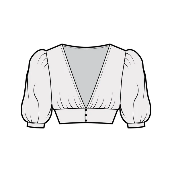 Ilustração de moda técnica superior cortada com mangas curtas, ombros inchados, fechos de botão frontal, corpo equipado. — Vetor de Stock