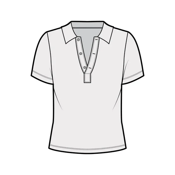 Техническая модная иллюстрация рубашки-поло с короткими рукавами из хлопка-джерси, крупногабаритные пуговицы вдоль передней части — стоковый вектор