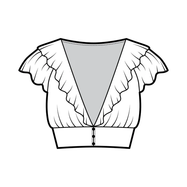 Camicetta arricciata illustrazione tecnica di moda con maniche corte flutter, bottoni anteriori, corpo aderente — Vettoriale Stock
