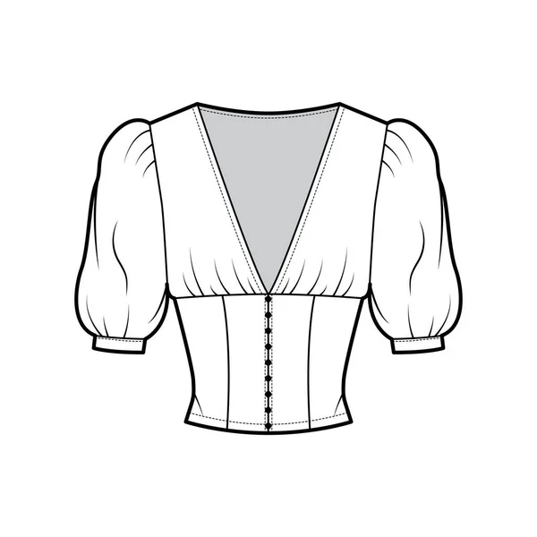 Cropped top illustration de mode technique avec manches courtes, épaules gonflées, fermeture par bouton avant, corps ajusté. — Image vectorielle