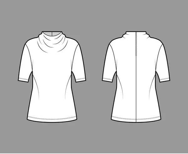 Illustration de mode technique supérieure avec décolleté drapé élégant, manches courtes, surdimensionné, fermeture par bouton arrière trou de serrure — Image vectorielle