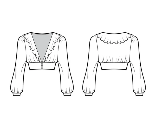 Ruffled blusa recortada técnica moda ilustração com mangas bispo longo, ombros inchados botões de fixação frontal — Vetor de Stock
