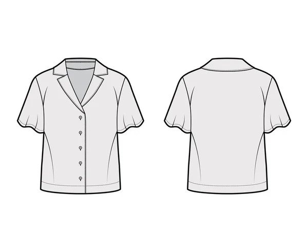 Camisa técnica de moda ilustração com colarinho de acampamento retro ajuste relaxado, fechos de botão frontal, mangas de círculo curto —  Vetores de Stock