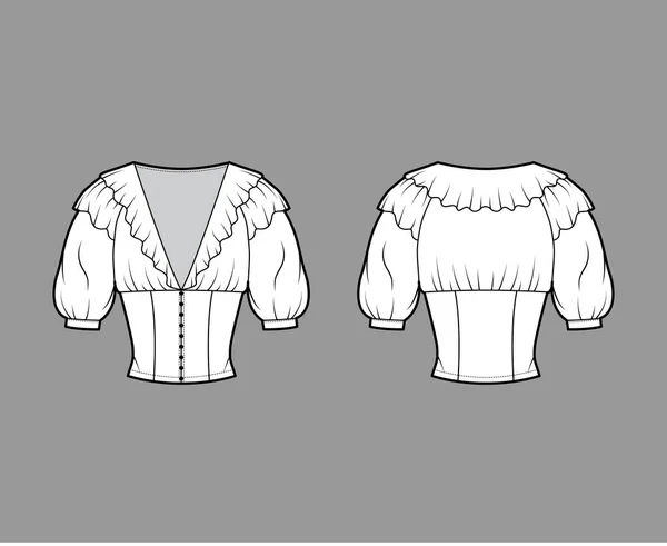 Неровная стриженая блузка техническая модная иллюстрация с локтевыми рукавами, застежками на передней кнопке, обтянутым кузовом. — стоковый вектор