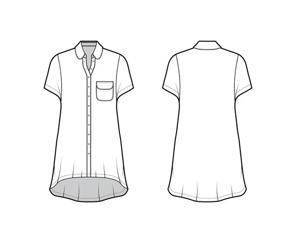 Vestido de camisa sobredimensionado ilustración técnica de moda con bolsillo redondeado y cuello, mangas cortas, dobladillo alto-bajo — Archivo Imágenes Vectoriales