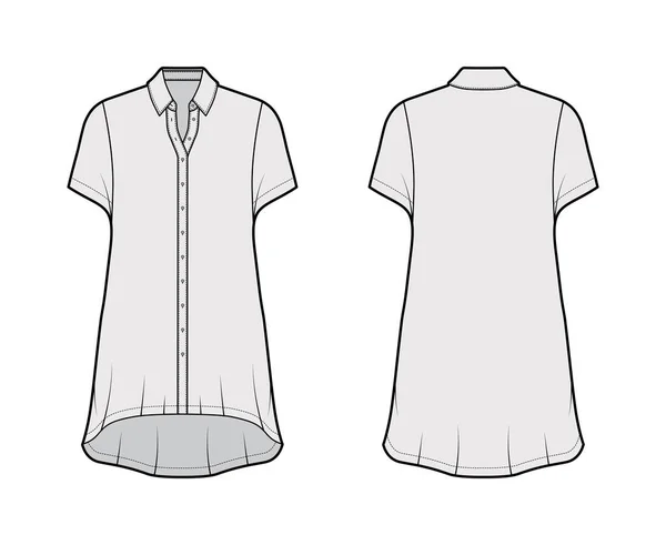 Vestido de camisa sobredimensionado ilustración técnica de moda con mangas cortas, cuello regular, dobladillo alto-bajo, cierre de botón — Vector de stock