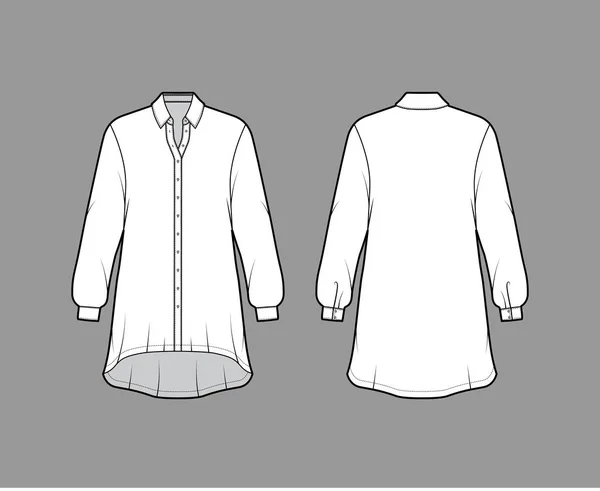 Сукня з надмірною сорочкою технічна модна ілюстрація з довгими рукавами, звичайним коміром, високою низькою піснею, застібкою — стоковий вектор