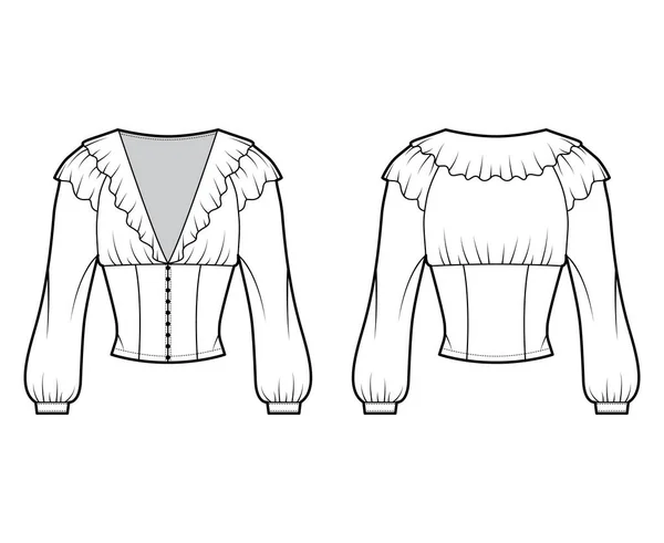 Roes bijgesneden blouse technische mode illustratie met lange bisschop mouwen, opgeblazen schouders voorste knoop bevestigingen — Stockvector