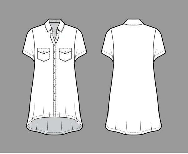 Сукня з низькою сорочкою технічна модна ілюстрація з кутовими кишенями, короткими рукавами, звичайним коміром, високою низькою піснею . — стоковий вектор