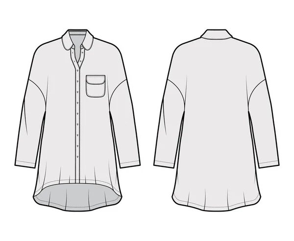 Vestido de camisa de grandes dimensões ilustração de moda técnica com bolso arredondado e colar, mangas compridas, ombros caídos —  Vetores de Stock