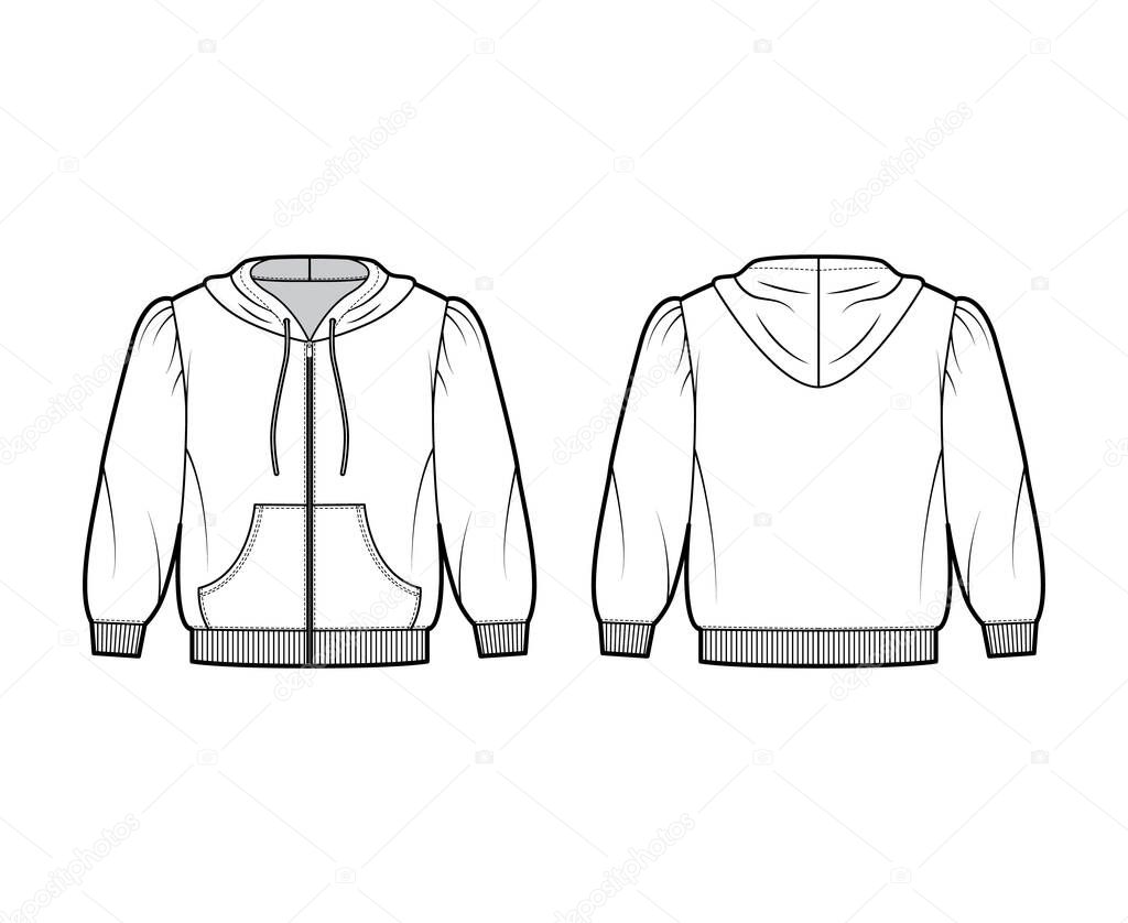 Zip-up cropped cotton-jersey hoodie technical fashion illustration with puffed shoulders, elbow sleeves front pocket