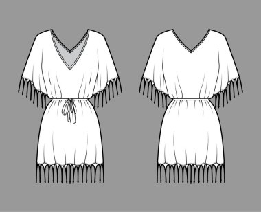 Pürüzlü kaftan elbise teknik tasviri V yakalı, dirsek kollu, diz üstü, büyük boy.