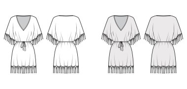 Pürüzlü kaftan elbise teknik tasviri V yakalı, dirsek kollu, diz üstü, büyük boy.