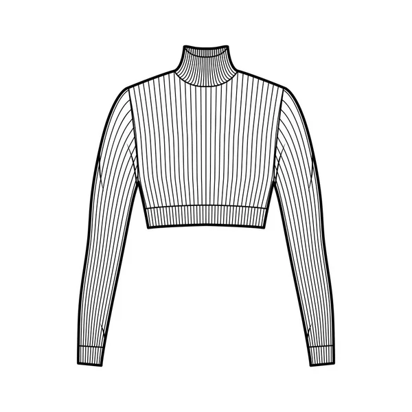 裁剪高领带肋针织毛衣技术时尚图例，袖子长，紧凑型. — 图库矢量图片
