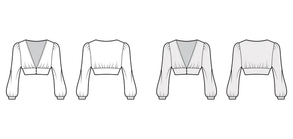 Ilustração de moda técnica superior cortada com mangas de bispo longo, ombros inchados, fechos de botão frontal. — Vetor de Stock