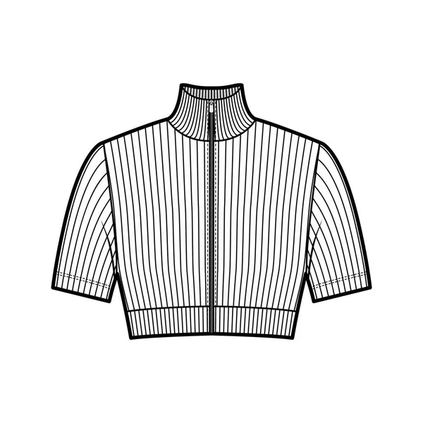 Rits-up cropped coltrui geribbelde trui technische mode illustratie met korte mouwen, close-fitting vorm. — Stockvector