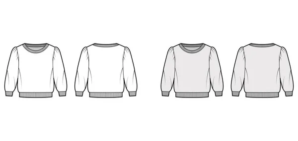 Camisola de algodão-terry cortada ilustração de moda técnica com decote colher, ombros inchados mangas de cotovelo — Vetor de Stock